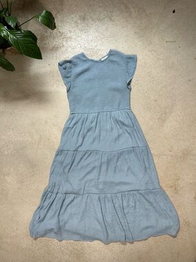 August Sky Blue Smocked Woven A-Line Midi Dress Flutter Sleeve Button Lined M